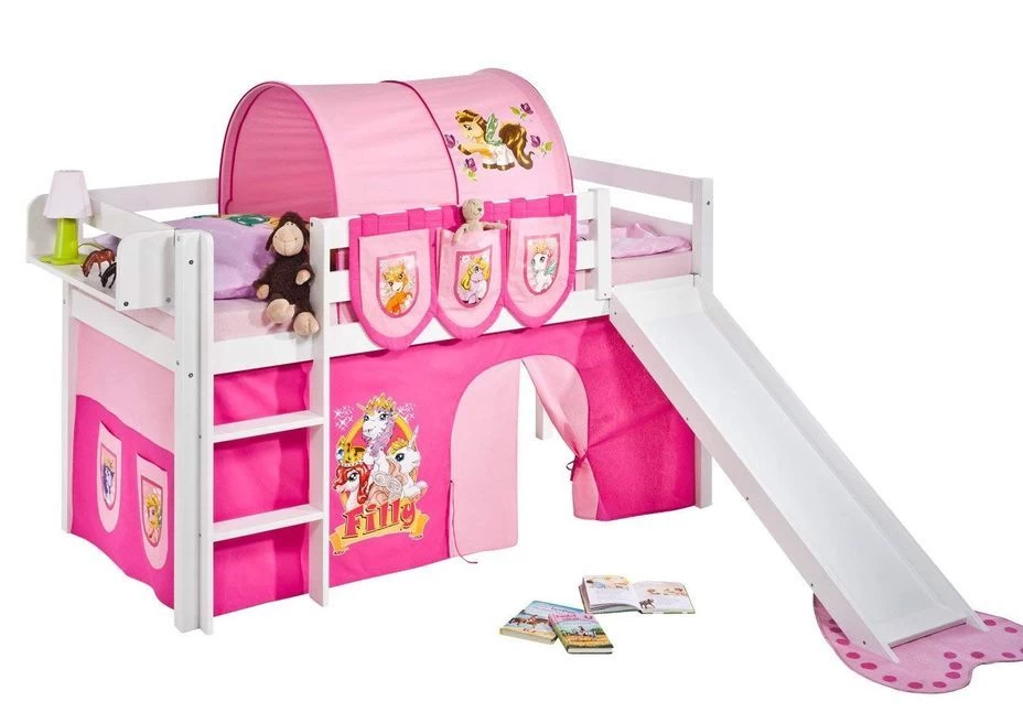 Lit Mezzanine Blanc Avec Toboggan Et Rideau Rose Filly 90x190 Cm