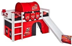 Lit Mezzanine Blanc Avec Toboggan Et Rideau Rouge Disney Cars 90x190 Cm