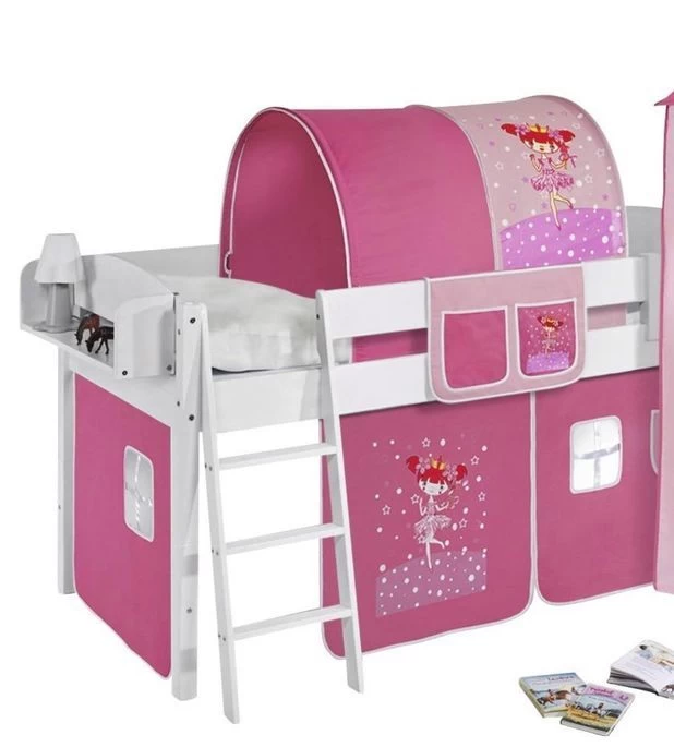 Lit Surélevé Blanc Laqué Rideau Princesses 90x190cm – Image 2