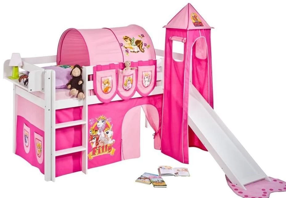 Lit Surélevé Toboggan Blanc Laqué Avec Tour Et Rideau Rose Filly 90x190 Cm